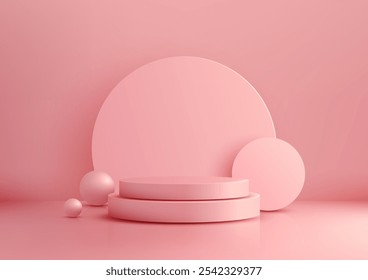 A minimalist pink scene 3D cylindrical podium surrounded by geometric shapes and spheres, product display and modern mockups. artistic and elegant brand presentations