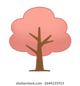 Minimalist pink tree icon in cartoon style with soft rounded canopy and brown trunk, ideal for spring, blossom, or fantasy landscape concepts