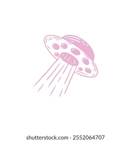 Minimalist pink UFO illustration emitting a beam of light, featuring clean lines and a playful, extraterrestrial-inspired design on white.