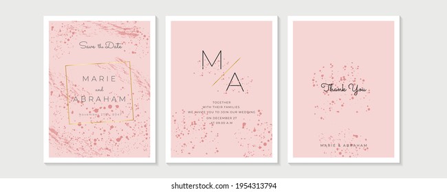 Minimalist pink wedding invitation card template design, floral pink line art ink drawing with beautiful leaves frame on pastel background 
