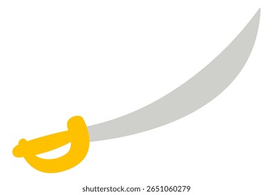 Ícone de espada pirata minimalista com alça amarela e lâmina cinza. Imagem de clipart isolada no plano de fundo.