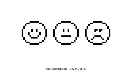 Emoticono minimalista de pixel art. Cara feliz, neutral y triste pixelada. Iconos de sonrisa. Concepto de Encuesta. Píxeles Y2k pegatinas de emojis juguetones de moda. Ilustración vectorial de estilo retro de 8 bits para redes sociales