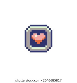 Ícone minimalista do coração pixel art em estilo retro de 8 bits, delimitado por um quadro quadrado arredondado. Perfeito para IU de videogame, indicadores de saúde, jogos nostálgicos ou coleções de arte de pixel digital.