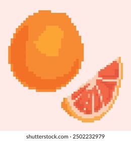 Minimalist pixel art illustration featuring a whole grapefruit and a grapefruit slice on a light pink background. Ideal for retro-themed designs, digital art projects, and fresh fruit-inspired decor