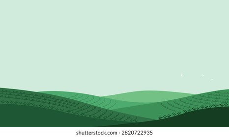 A minimalist pixel art illustration featuring rolling green tea plantation hills under a pale sky with distant birds in a rural landscape.