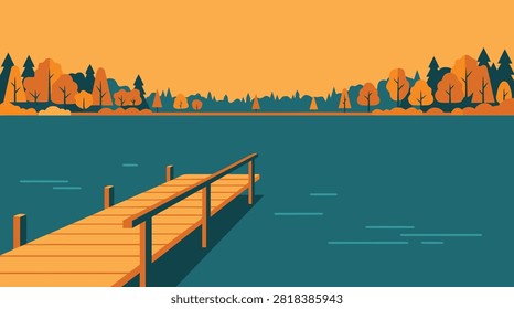 Minimalist pixel art vector illustration featuring a wooden pier extending into a calm lake surrounded by an autumn forest under an orange sky.