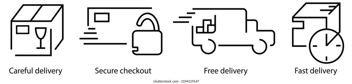 Minimalist pixel perfect delivery icons with editable stroke: careful delivery, secure checkout, free delivery, fast delivery.