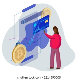 Minimalist pixel perfect illustration. Crypto, distant work, freelancer, independence. Freelancer girl standing near bitcoin, credit card, account. 