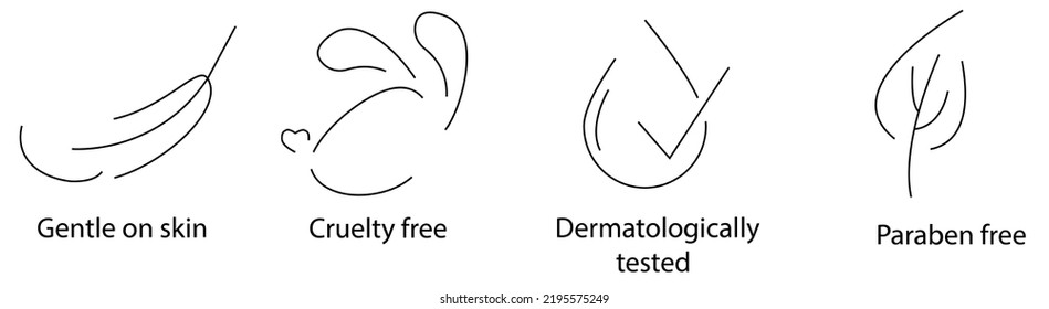 Minimalist pixel perfect verification icon set for cosmetic product packaging: gentle on skin, cruelty free, dermatologically tested, paraben free.