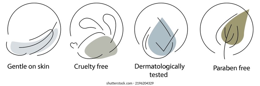 Minimalist pixel perfect verification icon set for cosmetic product packaging: gentle on skin, cruelty free, dermatologically tested, paraben free.