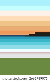 Minimalistischer Pixel-Sonnenuntergang über dem Ozean mit Reflexion blockiert Wandkunst. Pixel-Kunst-Sonnenuntergang über Ozeanlandschaft für Wandkunst-Dekor