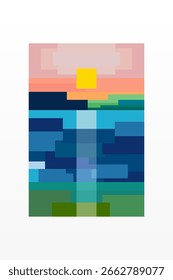 Minimalist pixel sunset over ocean with reflection blocks wall art. Pixel art sunset over ocean landscape for wall art decor