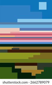 Minimalist pixel sunset over ocean with reflection blocks wall art. Pixel art sunset over ocean landscape for wall art decor