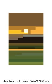 Minimalist pixel sunset over ocean with reflection blocks wall art. Pixel art sunset over ocean landscape for wall art decor