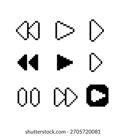 Conjunto minimalista de pixel-art com ícones clássicos de controle de mídia, incluindo reprodução, pausa, retrocesso, triângulos rápidos e direcionais, jogos retrô, design de interface do usuário, aplicativos e interfaces digitais.