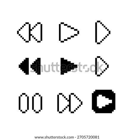 Minimalist pixel-art set featuring classic media control icons, including play, pause, rewind, fast-forward and directional triangles, retro games, UI design, apps, and digital interfaces.