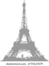 A minimalist pixelated Eiffeltower illustration in retro halftone dotted dither style featuring monochrome vintage Paris landmark design perfect for abstract graphic patterns and iconic vector projects