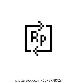 A minimalist, pixelated logo featuring the letters Rp or rupiah enclosed within a square frame. 