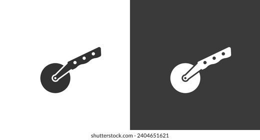 Minimalistisches Pizza-Cutter-Symbol: Schwarze Silhouette auf weißem Hintergrund und invertiertes Weiß auf Schwarz. Vektordesign für eine saubere Ästhetik. Pizzazersymbol vereinfachende Illustration im Minimalstil