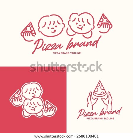 Minimalist pizza logo set with smiling kids and hands holding slice. Hand-drawn restaurant branding in red line art style.