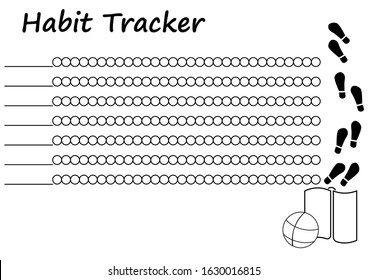 Minimalist planner habit tracker page. Daily planner template decorated with line ball, book and footprints. Blank for notebook . Business organizer. A4 Paper sheet. Printable vector. Everyday routine