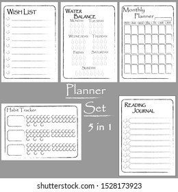 Minimalist planner page set. Monthly planner template. Blank for notebook . Business organizer page. Paper sheet. Printable vector. Grunge frames and lines. Habit tracker, wish list, water balance.