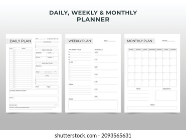 Minimalist Planner Pages Templates. Organizer Page, Diary And Daily Control Book. Life Planners, Weekly And Days Organizers Or Office Schedule List. Graphic Organization Paper Vector Set