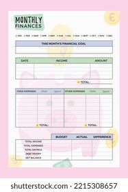 Minimalist planners. Monthly finance planner template. Cute and simple colorful printable business organizer page. Paper sheet. Vector illustration