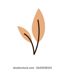 Minimalist plant branch with two orange leaves and dark brown stems isolated on white background. Flat vector botanical illustration.