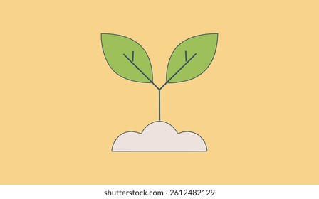 Minimalist plant icon with two green leaves and soft orange background. Perfect for eco-friendly themes, sustainability, nature concepts, and botanical illustrations
