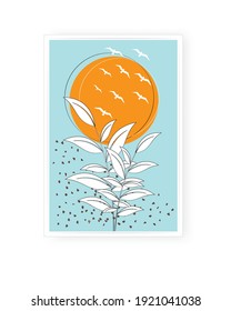 Minimalist plant illustration design, vector. Art design, artwork. Flower silhouette and sun illustration. Poster design, minimalism. Wall art 