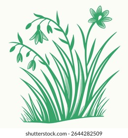 Minimalist plant life arranged simply, rendered in solid green. The illustration features stylized flowers and grasses, with a transparent background.