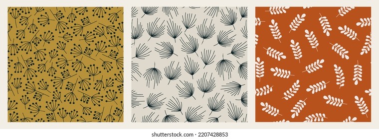 Minimalist plant seamless pattern collection. Autumn color backgrounds. Vector illustration.