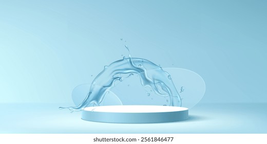 Minimalist platform display with dynamic water splash arc. Podium surrounded by liquid movement and droplets with glass circles on light blue backdrop for fresh cosmetic or beverage presentation.