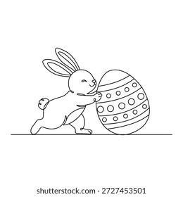 Minimalist Playful Easter Bunny Pushing Large Patterned Egg Line Art Illustration