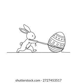 Minimalist Playful Easter Bunny Pushing Giant Decorated Egg Line Art Illustration