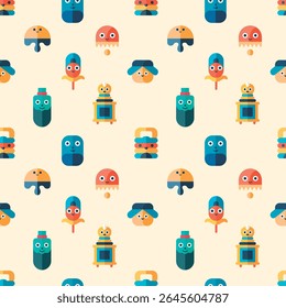 Minimalist playful faces seamless pattern on a light beige background. Cute, stylized characters and geometric shapes arranged in a repeating layout.

