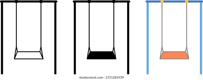 Minimalist playground swing vector icon set in outline and flat color styles. Suitable for park, playground, childhood, recreation, education, and outdoor design projects.