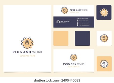 Diseño minimalista del logotipo del enchufe y del engranaje que presenta la tarjeta de visita profesional y la identidad de la marca