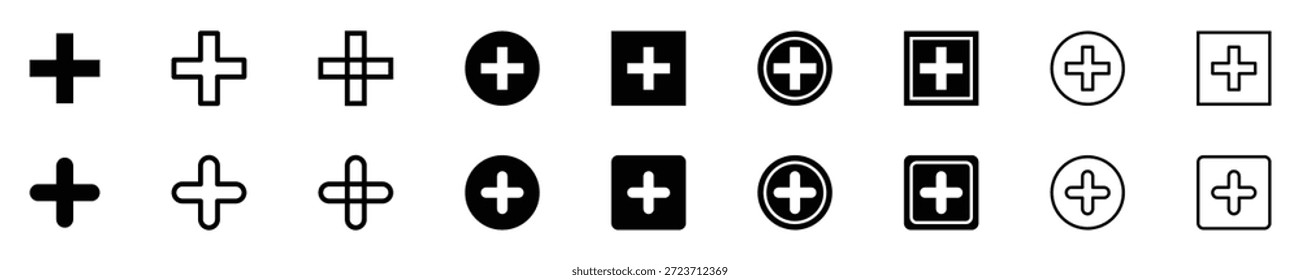Minimalist Plus und Add Icon Set für UI Design und medizinische Symbole.