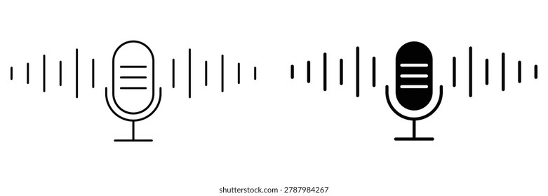 Minimalist podcast microphone, audio waveform outline icon set, modern broadcasting symbol collection, black line vector illustration for streaming media communication interface design artwork.