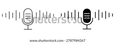 Minimalist podcast microphone, audio waveform outline icon set, modern broadcasting symbol collection, black line vector illustration for streaming media communication interface design artwork.