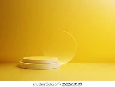 Mockup de pódio minimalista com fundo amarelo e círculo translúcido, ideal para exposições de produtos, sala de exposições e apresentações de design gráfico