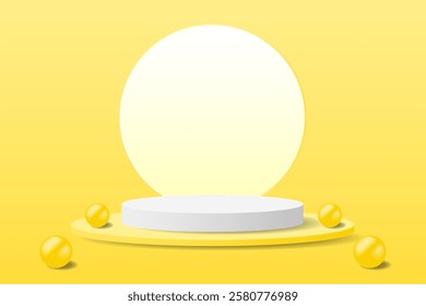 Minimalist podium mockup with yellow background and decorative ball elements. 3D design with circular white light on the back, perfect for product presentations, branding or promotional templates.