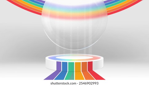 Minimalist podium with rainbow stripes. White circular platform with colorful pride bands and floating glass transparent circle. Stage for LGBTQ themed presentations or inclusive brand showcases.