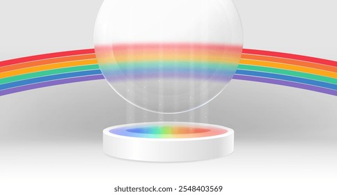 Minimalist podium with rainbow stripes. White circular platform with colorful pride bands and floating glass transparent circle. Stage for LGBTQ themed presentations or inclusive brand showcases.