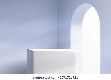 Minimalist podium setup with rectangular display platform in soft blue interior. Curved arch doorway - elegant architectural element. Geometric shapes in exhibition environment for product showcase.
