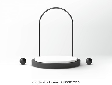 Minimalist podium in white and dark gray with black spheres, set against a clean white background. perfect for modern product display, mockups, and showroom concepts