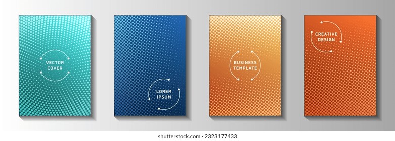 Minimalist point faded screen tone cover templates vector kit. Scientific magazine perforated screen tone backdrops. Retro comics style title page layouts. Rectangle folders.