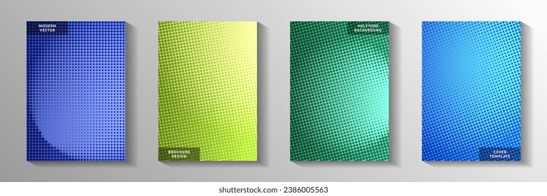 Minimalist point perforated halftone front page templates vector kit. Digital catalog faded halftone patterns. Vintage cartoon comics style cover layouts. Linear design.